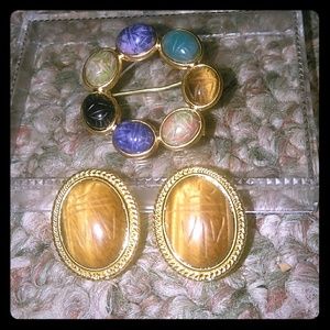 Vintage clip on earrings and pin set